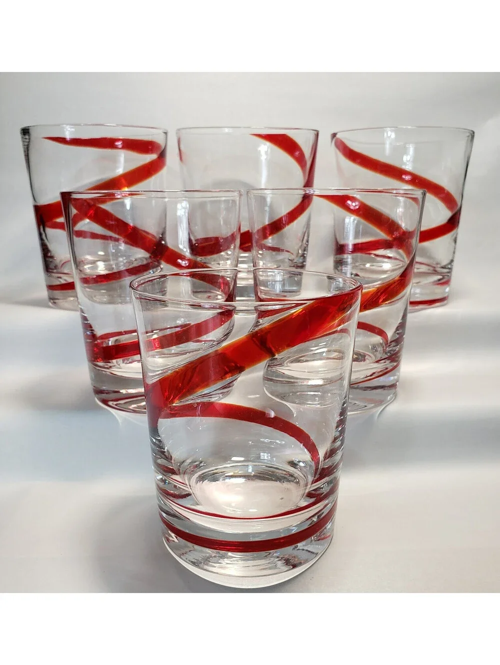 Pier 1 Red Swirline Double Old Fashioned Drinking Glasses QTY 6 Lowball Barware